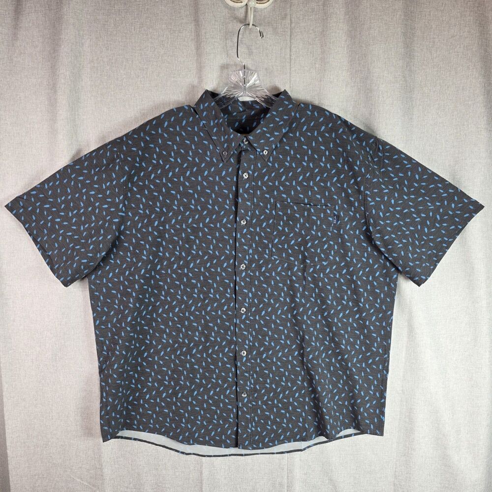 Huk Kona Button Down Shirt Men 2XL Gray Fishing Lure AOP Poly Cotton Performance